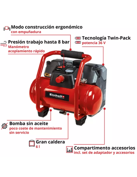 Compresor Inalambrico 36v Te-ac 36/6/8 Li Of Solo 4020450 Einhell Compresor Inalambrico 36v Te-ac 36/6/8 Li Of Solo 4020450 Einhell