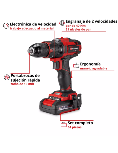 Kit Taladro Y Bateria Te-cd 18/40 Li-i +64 (1x2 0ah) 4514325 Einhell