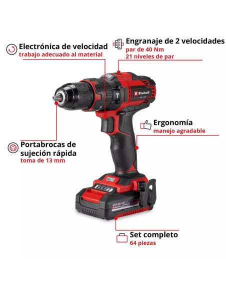 Kit Taladro Y Bateria Te-cd 18/40 Li-i +64 (1x2 0ah) 4514325 Einhell Kit Taladro Y Bateria Te-cd 18/40 Li-i +64 (1x2 0ah) 4514325 Einhell