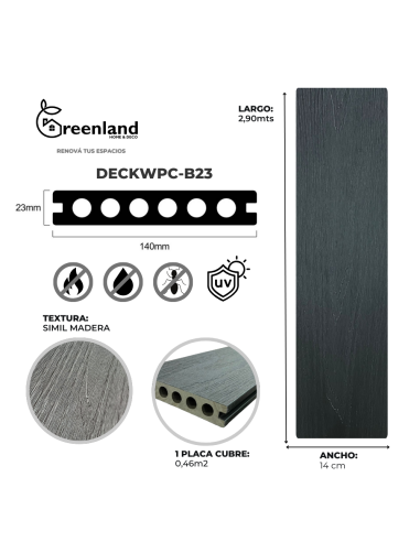 Deck Wpc Black 23 Mm 290cm X14cm Co-extruded X Caja 5 U + Clips De Encastre Greenland