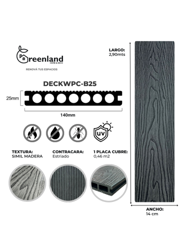 Deck Wpc Black 25 Mm 290cm X 14cm X Caja 5 U + Clips Encastre Greenland