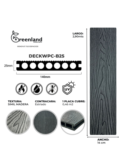 Deck Wpc Black 25 Mm 290cm X 14cm X Caja 5 U + Clips Encastre Greenland