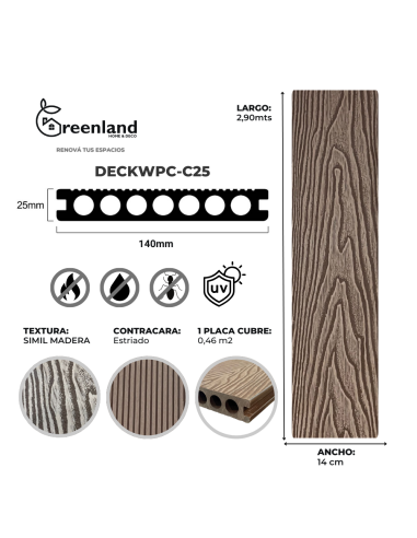 Deck Wpc Brown 25 Mm 290cm X 14cm X Caja 5 U + Clips Encastre Greenland