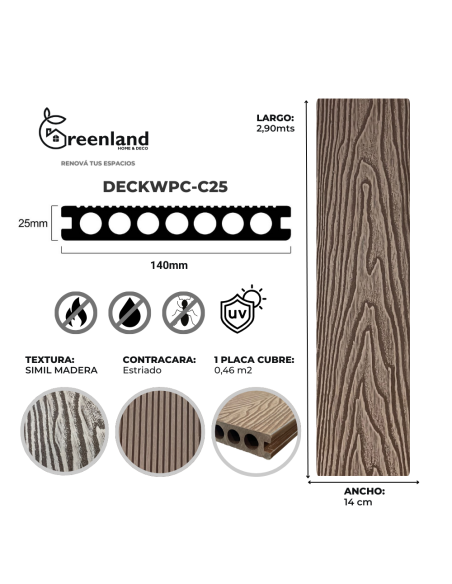 Deck Wpc Brown 25 Mm 290cm X 14cm X Caja 5 U + Clips Encastre Greenland