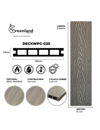 Deck Wpc Grey 25 Mm 290cm X 14cm X Caja 5 U + Clips Encastre Greenland