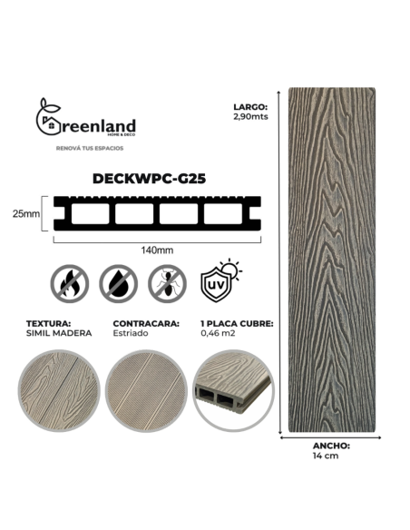 Deck Wpc Grey 25 Mm 290cm X 14cm X Caja 5 U + Clips Encastre Greenland