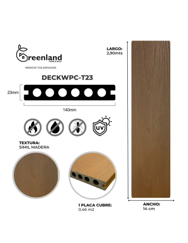 Deck Wpc Teak Color 23 Mm 290cm X 14cm Co-extruded X Caja 5 U + Clips Encastre Greenland