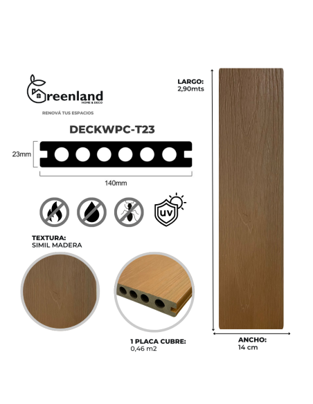 Deck Wpc Teak Color 23 Mm 290cm X 14cm Co-extruded X Caja 5 U + Clips Encastre Greenland