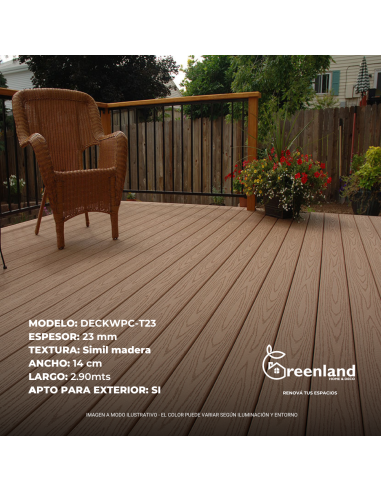 Deck Wpc Teak Color 23 Mm 290cm X 14cm Co-extruded X Caja 5 U + Clips Encastre Greenland