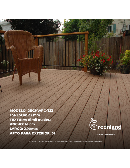Deck Wpc Teak Color 23 Mm 290cm X 14cm Co-extruded X Caja 5 U + Clips Encastre Greenland