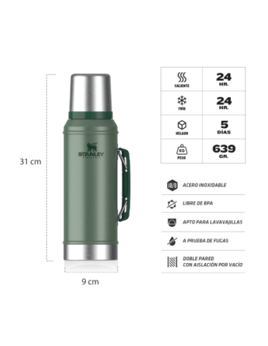 Termo Clasico 950 Ml Con Manija Y Tapon Cebador Verde 10-10148-001 Stanley