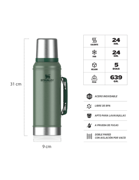Termo Clasico 950 Ml Con Manija Y Tapon Cebador Verde 10-10148-001 Stanley
