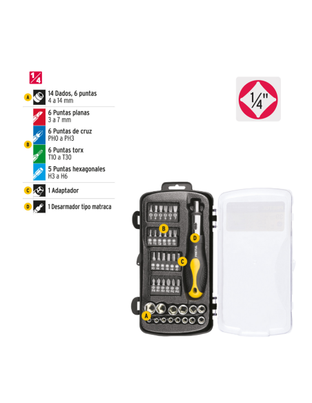 Juego De 39 Puntas Bocallave Y Destornillador Crique Encastre 1/4 23971 Truper
