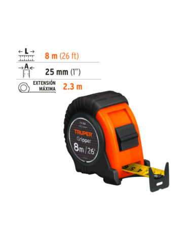 Cinta Metrica Gripper Contra Impacto 8 Mts Ancho 25mm 14579 Truper