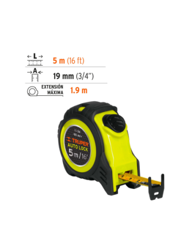 Cinta Metrica Auto Lock 5 Mts Ancho 19mm 10747 Truper