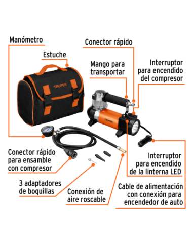 Compresor Portatil 12 V Con Linterna 20 Lm Bolso De Transporte 19999 Truper