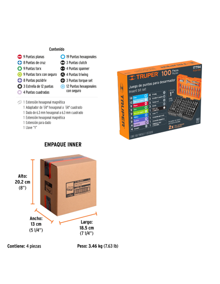 Juego 100 Puntas Combinadas Largo 25mm 17794 Truper