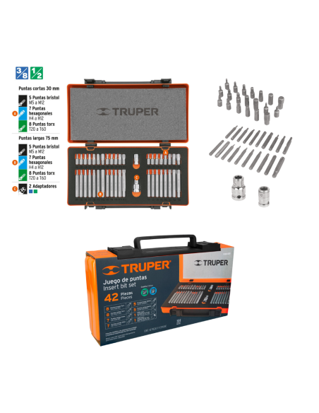 Juego 42 Puntas Combinadas Largo 30 Y 75mm Encastre 3/8 Y 1/2 17809 Truper