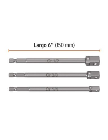 Juego 3 Adaptadores Largos Encastre 1/4 Para Tubos 1/4 3/8 1/2 19599 Truper